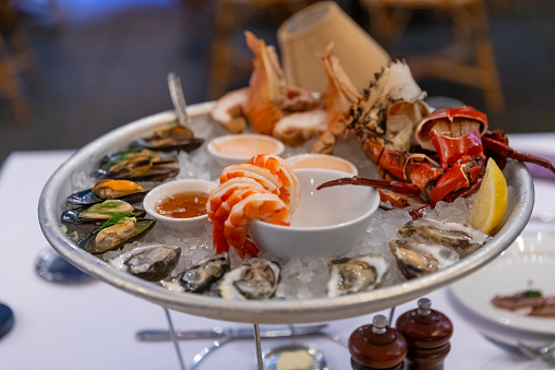 seafood platter with prawns shrimp crabs Balmain bugs oyster clams in a Sydney CBD restaurant NSW Australia