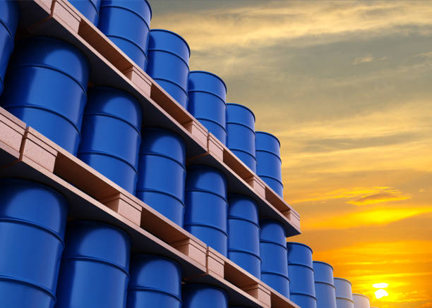 Blue barrels on the pallets contain petroleum in warehouse prepare for delivery Blue barrels on the pallets contain petroleum in warehouse prepare for delivery. Oil works concept. Oil industry concept. 3d-rendering dock barrels stock pictures, royalty-free photos & images