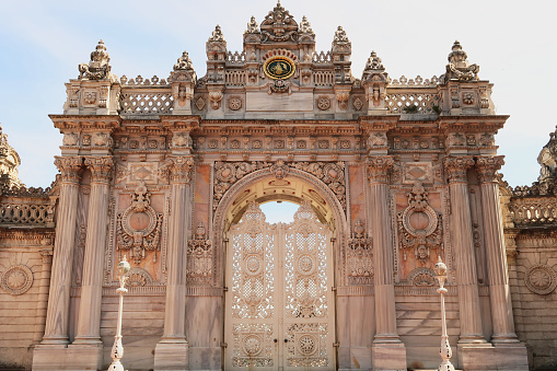 The beautifully decorated Gate of the Sultan, Sultan's Gate at Dolmabahce Palace, Istanbul, Turkey 2022