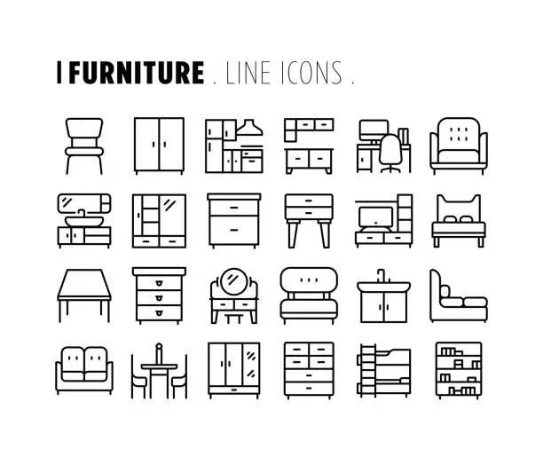 Vector illustration of Furniture Line Icon Set. Editable Stroke. Pixel Perfect.