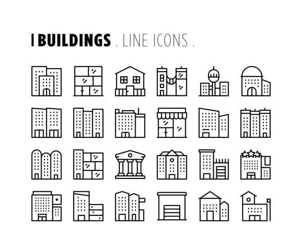 Vector illustration of Buildings Line Icon Set. Editable Stroke. Pixel Perfect.