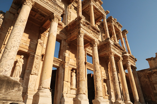 The elaborate facade of the Library of Celsus at Ephesus with the statues of Sophia and Arete, Selcuk, Turkey 2022