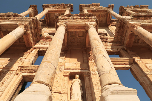The impressive facade of the Library of Celsus at Ephesus with the statue of Arete, Selcuk, Turkey 2022