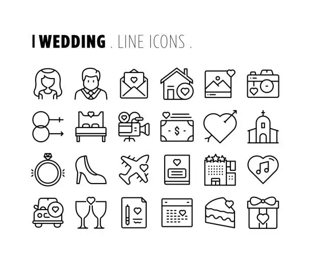 Vector illustration of Wedding Line Icon Set. Editable Stroke. Pixel Perfect.