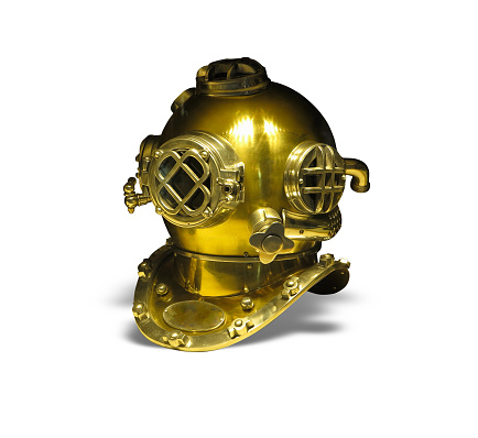 Diving equipment. Bronze helmet from the diver's suit isolated on white background