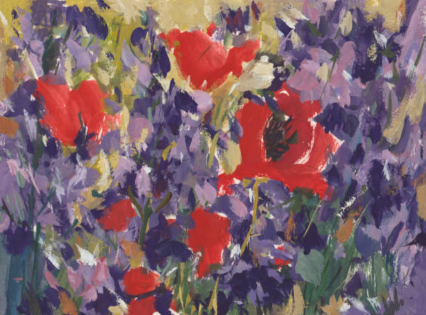 istock Poppies delphinium gouache painting. 2101291167