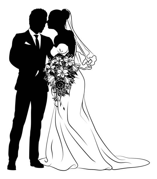 ilustraciones, imágenes clip art, dibujos animados e iconos de stock de bride and groom couple wedding dress silhouettes - dancing women wedding reception men