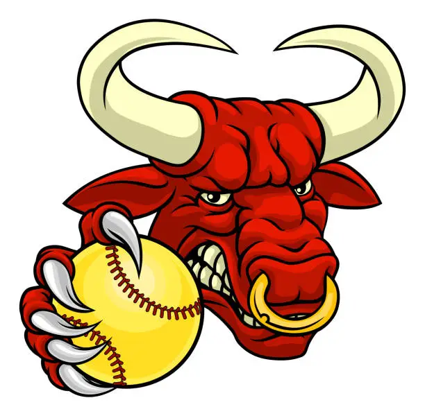 Vector illustration of Bull Minotaur Longhorn Cow Softball Mascot Cartoon