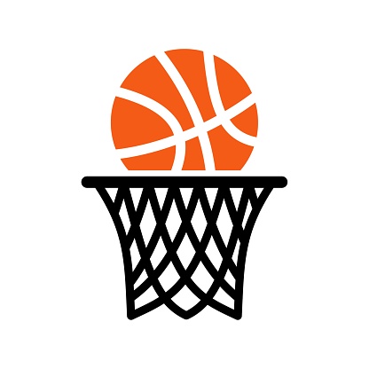 Vector illustration of basket for basketball game. Basket ball emblem, ball, basket, basketball hoop in vector design style