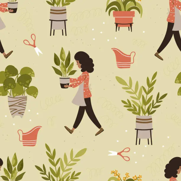 Vector illustration of Seamless pattern with home plants