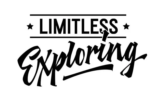 Vector illustration of Limitless Exploring, bold lettering design. Isolated typography template with captivating calligraphy. Suitable for various adventure themed projects, evoking the spirit of boundless exploration