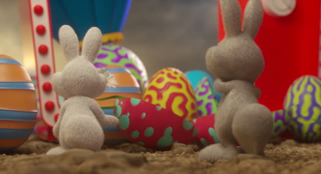 Fluffy Bunny Duo: Dancing Amidst an Array of Easter Eggs