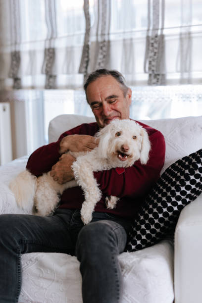 istock White old man loves his dog while sitting on the couch 2101329726