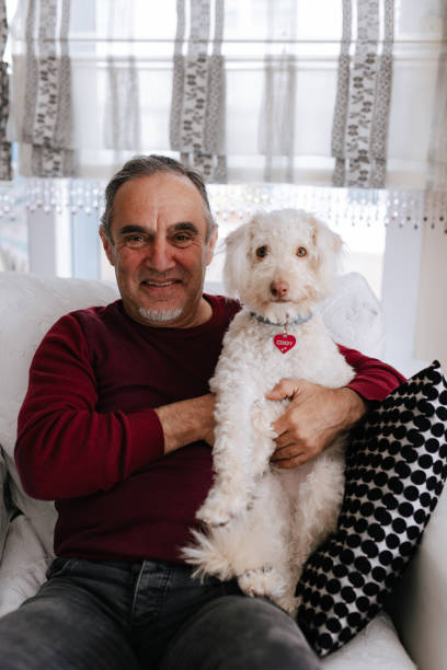 istock White old man loves his dog while sitting on the couch 2101330798