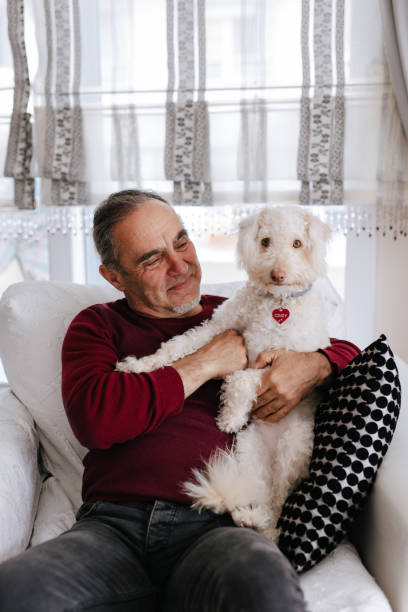 istock White old man loves his dog while sitting on the couch 2101330816
