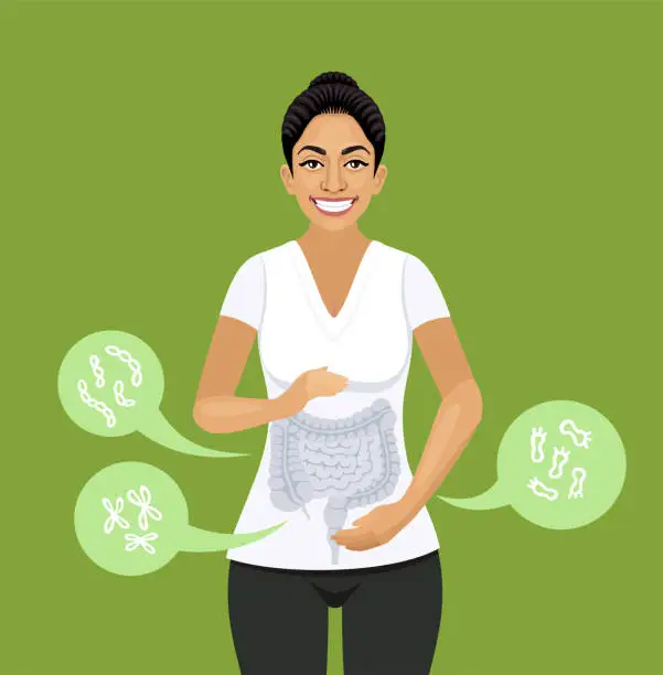 Vector illustration of Radiant Indian Woman with Optimized Gut Flora Balance.