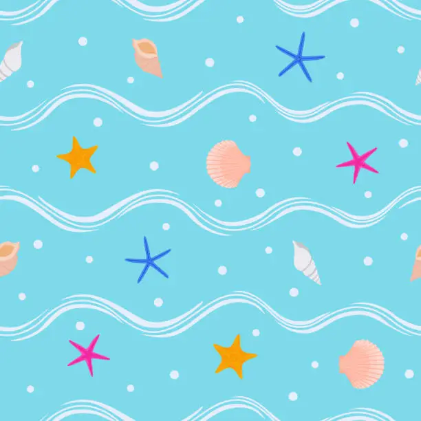 Vector illustration of tropical ocean blue beach seamless pattern. conch, shell, sea star, wave, water background.