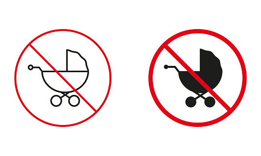 Baby Carriage Not Allowed, Pushchair Warning Sign Set. Newborn Pram Forbidden Symbol. Prohibit Baby Stroller Line and Silhouette Icons. Isolated Vector Illustration.