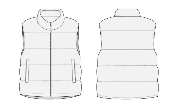 Vector illustration of Down Vest Fashion Vector Template Sleeveless Puffer Jacket Mockup