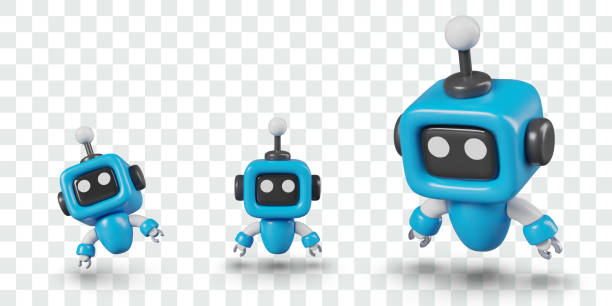 istock Set of blue robots of different sizes and in different positions 2101336275