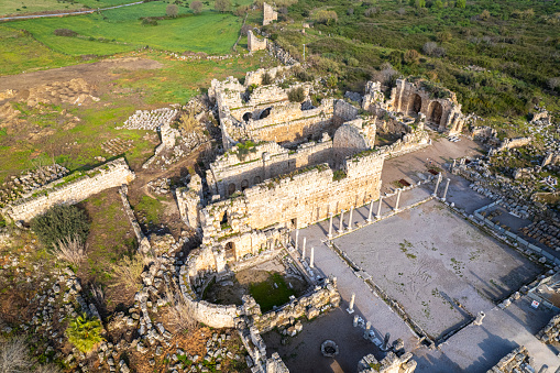 Aerial View of Perge ancient city in Antalya, Turkey