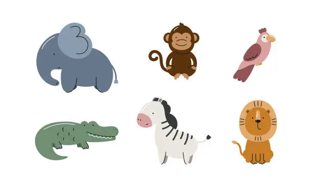 Vector illustration of Set with cute African animals. Elephant, monkey, parrot, crocodile, zebra, lion. For for kids design, fabric, wrapping, cards, textile, wallpaper, apparel. Isolated vector on white background.