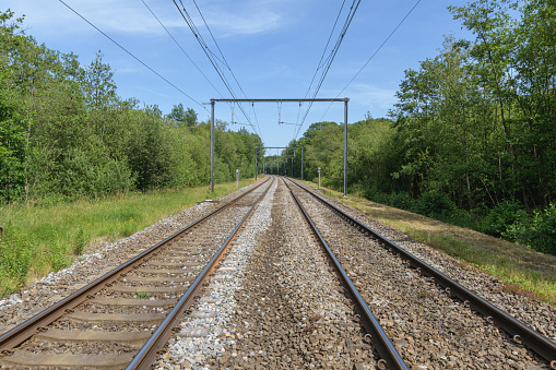 summer day landscape tracks wired railway perspective green trees blue sky