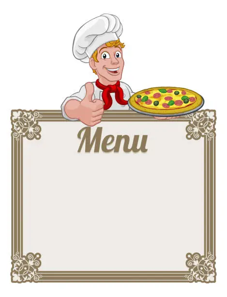 Vector illustration of Pizza Chef Cook Cartoon Man Menu Sign Background