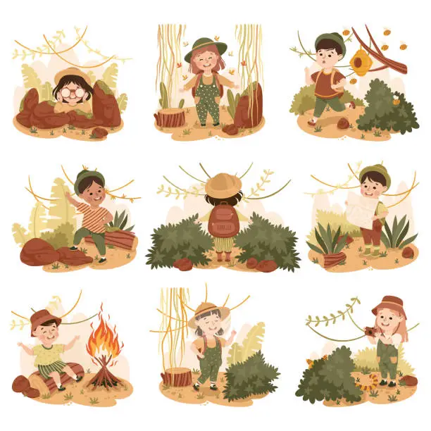 Vector illustration of Little Children in the Jungle Looking in Binoculars Exploring and Examining Map Tropical Environment Vector Illustration Set