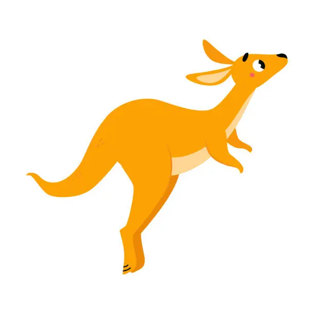 Vector illustration of Cute Brown Kangaroo Marsupial Character with Pouch Leaping Vector Illustration