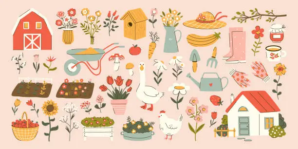 Vector illustration of Set of cute cottagecore illustrations. Farmhouse, barn, crops, flowers, goose and chicken. Gardening and countryside lifestyle
