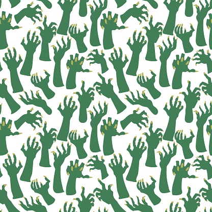A pattern of dead man's hands, zombie hands trying to grab each other. Attacking green hands. It is well suited for Halloween-style decoration of paper and textile products.
