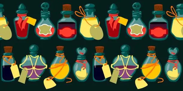 Vector illustration of A pattern with colored jars of potions. Mysticism, magic, religion. Poisons in a row. Vector seamless pattern for printing on fabric and paper. Repetitive fashionable stylish texture for Halloween