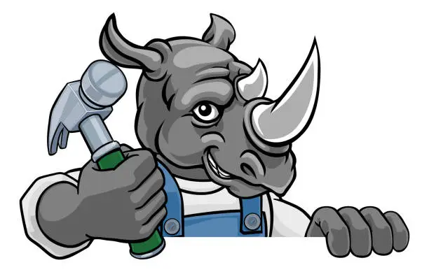 Vector illustration of Rhino Carpenter Handyman Builder Holding Hammer