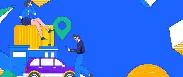 istock Flat vector concept operation hand drawn illustration of people taking a taxi 2101358392