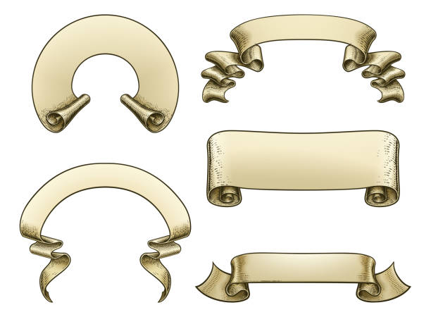 Scroll Paper Banner Parchment Flag Ribbon Woodcut A set of parchment scrolls or paper ribbon banners and flags in a vintage retro woodcut style clip art of illuminated letter a stock illustrations