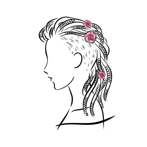 Vector illustration of Line art female portrait in profile with flowers in dreadlocks.