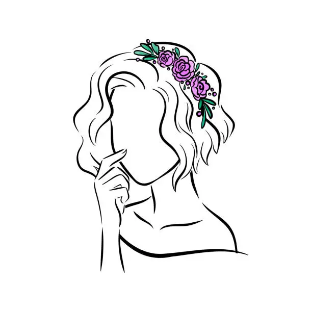 Vector illustration of Outline vector portrait of female character with flower wreath in short hair.