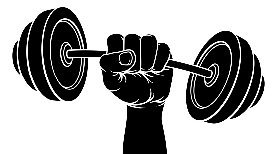A weight lifting or weightlifting fist hand holding a heavy barbell or dumbbell concept.