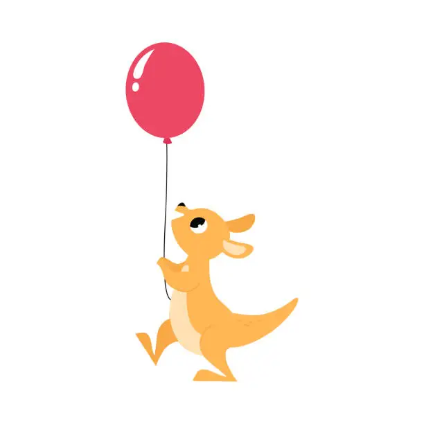 Vector illustration of Cute Baby Kangaroo or Joey Character as Marsupial Mammal Carrying Balloon Vector Illustration