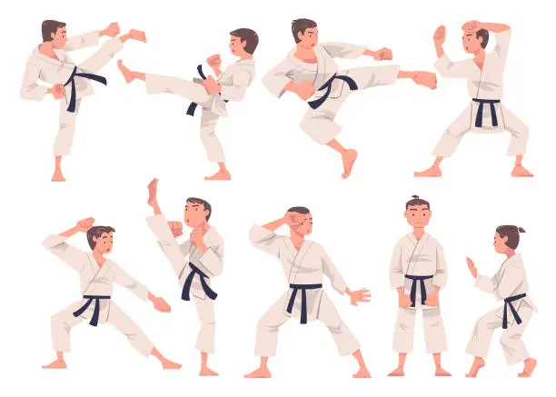 Vector illustration of Young Man Doing Karate Wearing Kimono and Black Belt Engaged in Martial Art Vector Set