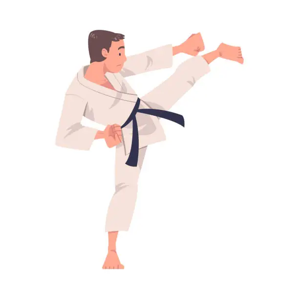 Vector illustration of Young Man Doing Karate Wearing Kimono and Black Belt Engaged in Martial Art Vector Illustration