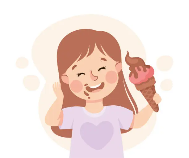 Vector illustration of Funny Girl Character Eating Ice Cream in Waffle Cone Showing Like Vector Illustration