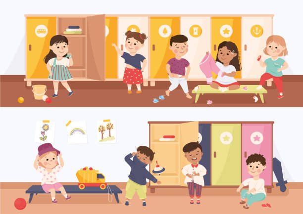 Little Boy and Girl Changing Clothes at Locker in Kindergarten Putting on Sweater and Pants Vector Set Little Boy and Girl Changing Clothes at Locker in Kindergarten Putting on Sweater and Pants Vector Set. Smiling Independent Kid Dressing Himself Getting Ready for Outdoor Walk Concept boy getting dressed for school stock illustrations