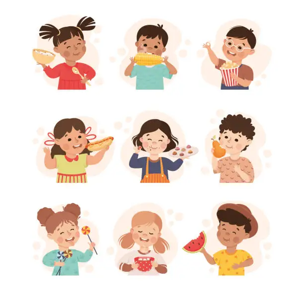 Vector illustration of Set of cute eating little boys and girls. Happy kids eating healthy and unhealthy food cartoon vector illustration