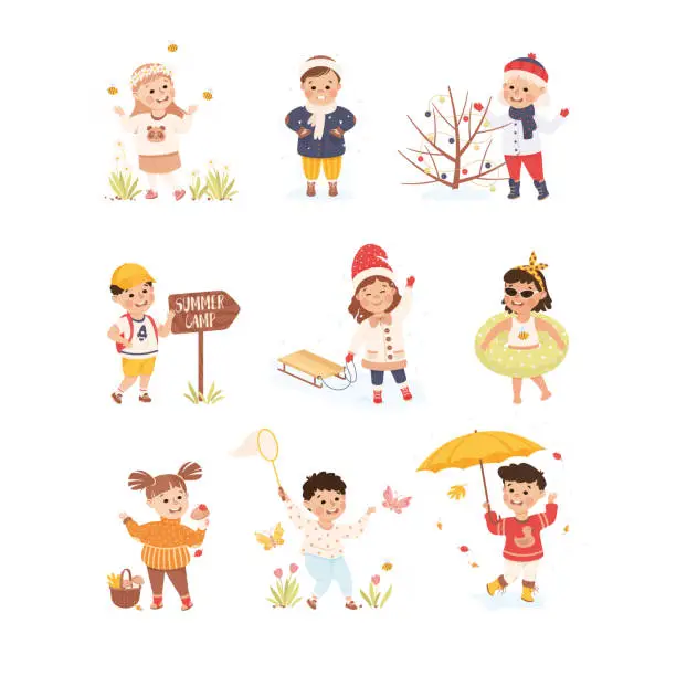 Vector illustration of Happy kids playing outdoors at different seasons set. Boys and girls camping, sledding, picking mushrooms and walking under rain cartoon vector illustration