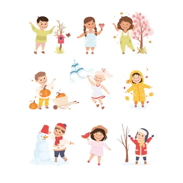 Vector illustration of Happy kids playing outdoors at different seasons set. Cute boys and girls playing and walking outdoors cartoon vector illustration
