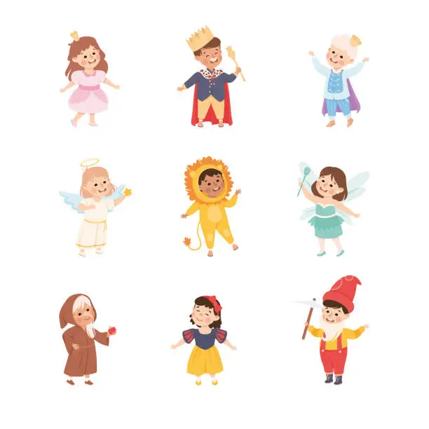 Vector illustration of Funny Kids Actors in Theater Costumes Showing Performance Vector Set