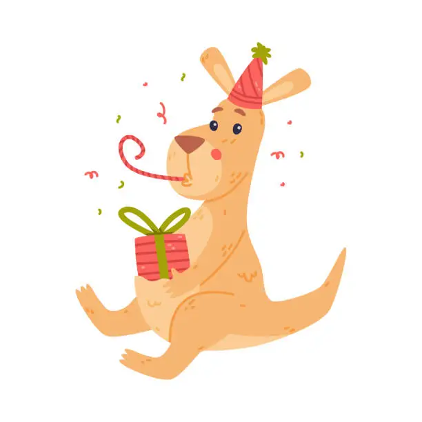 Vector illustration of Funny Kangaroo Marsupial Animal Blowing Whistle in Birthday Hat with Gift Box Vector Illustration