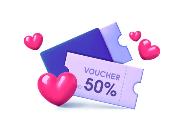 Vector illustration of 3D coupon, vector gift voucher with flying hearts, special offer promo isolated card. Loyalty program certificate, cashback web shopping label, percent sign. 3D coupon clipart